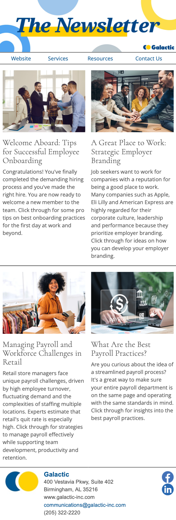 Section of a newsletter with images and text about workplace tips and employee engagement.