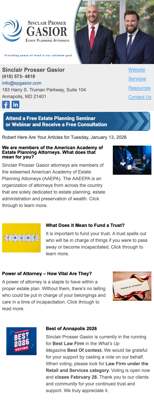 Solicitor Prosser Gasior's newsletter with contact information and services offered.