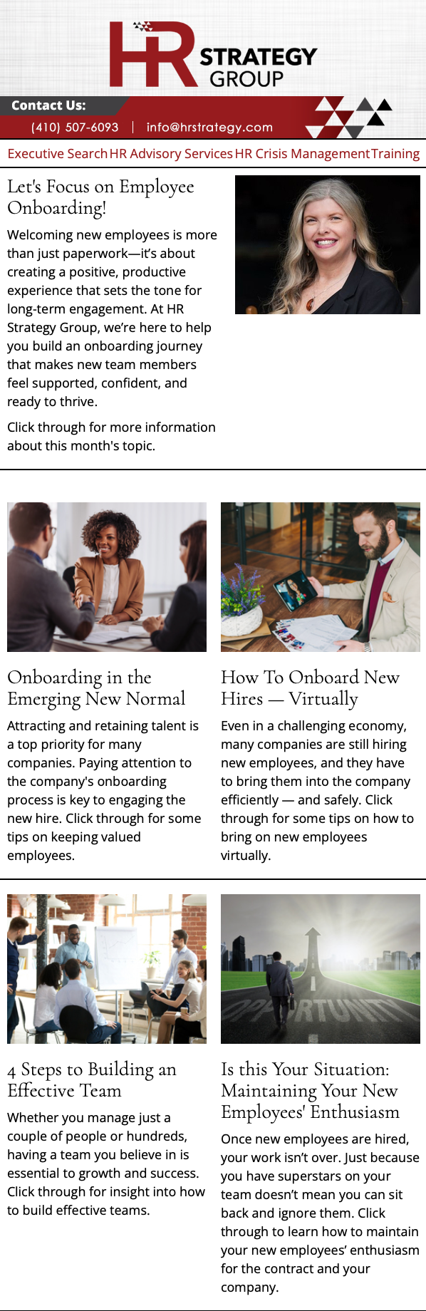 HR Strategy Group newsletter with multiple images and text sections.