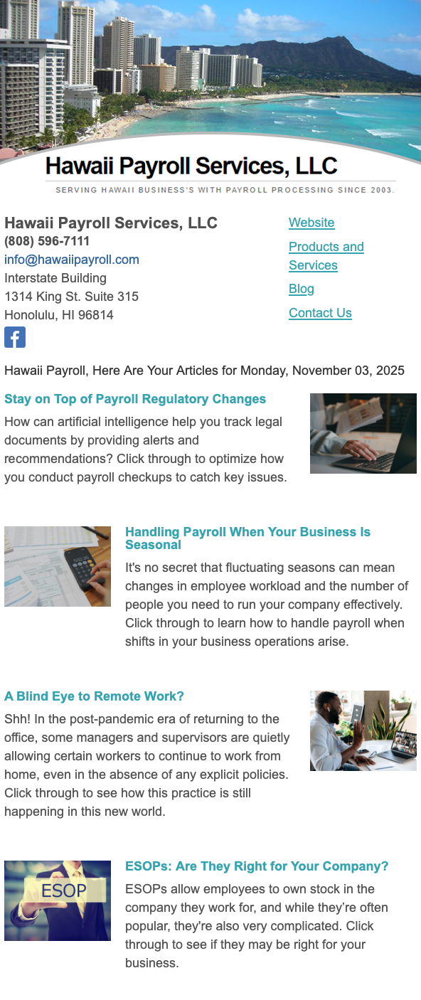 Newsletter of Hawaii Payroll Services, LLC website with text and images.