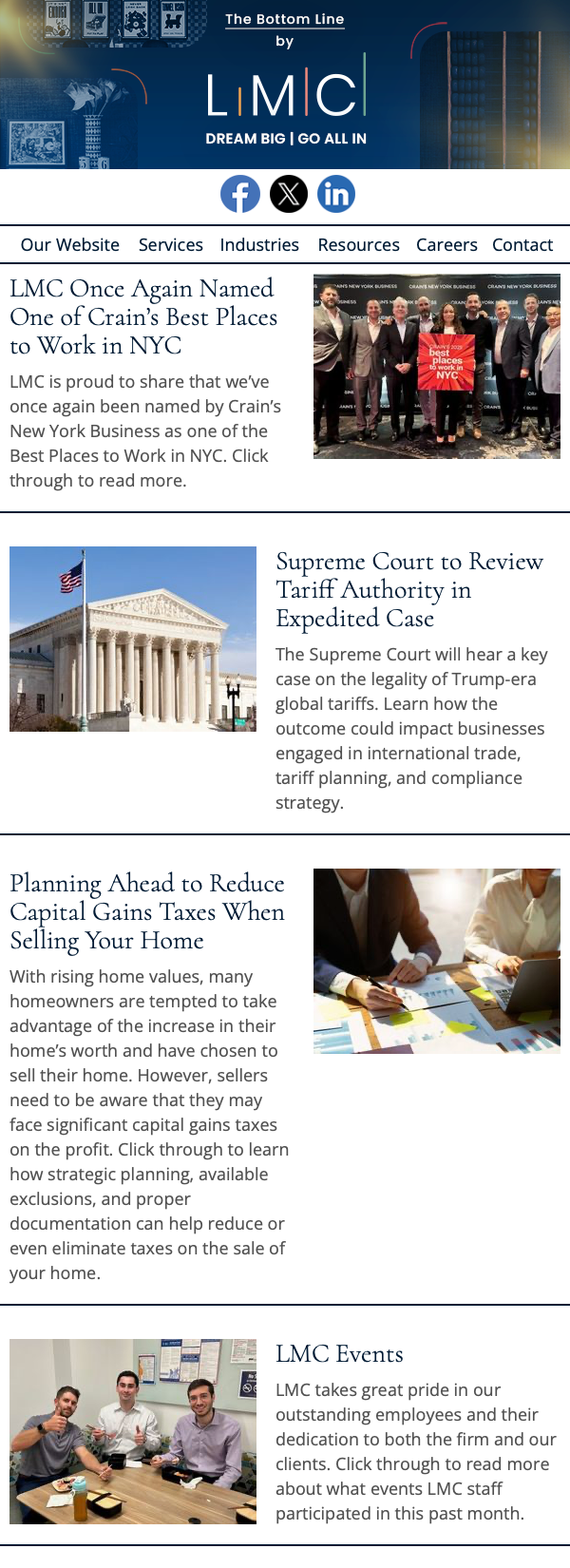 Newsletter page with multiple sections including a news article, a photo of people, and a footer with contact information.