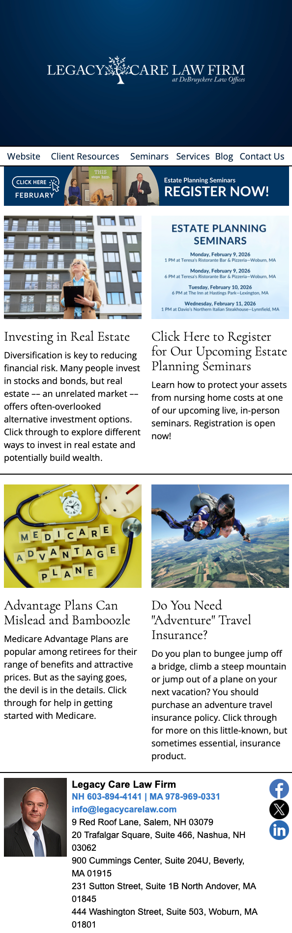 Newsletter for Legacy Law Firm with text and images of people.