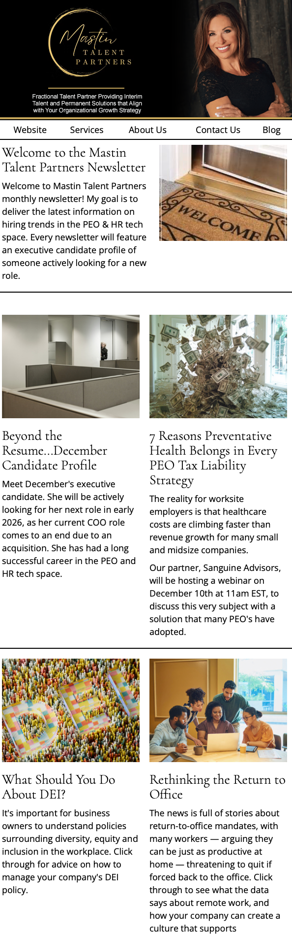 Screen shot of Martin Talent Partners newsletter with images and text.