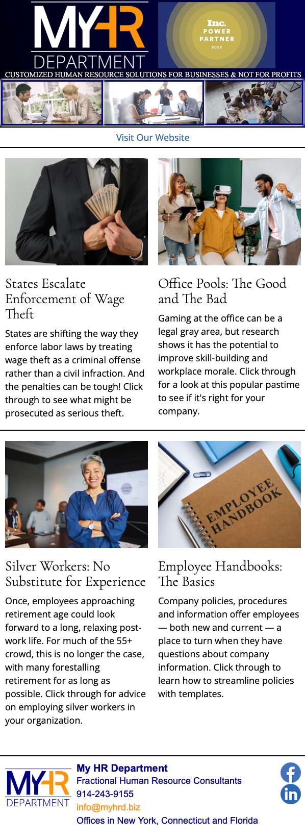 MyHR Department newsletter page with various articles and contact information.