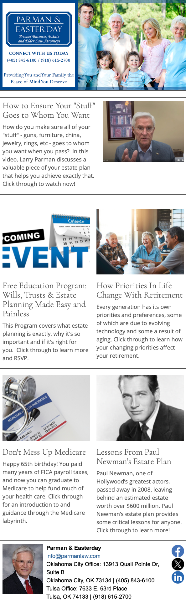 Newsletter page with text, images, and contact information for a financial planning service.