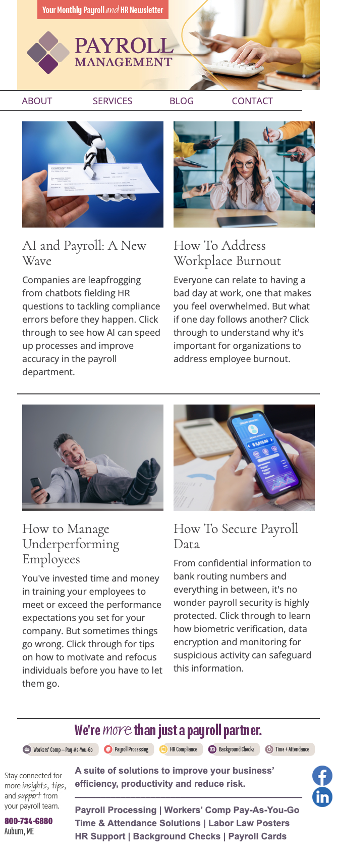 Payroll management newsletter with multiple sections and images of people working.