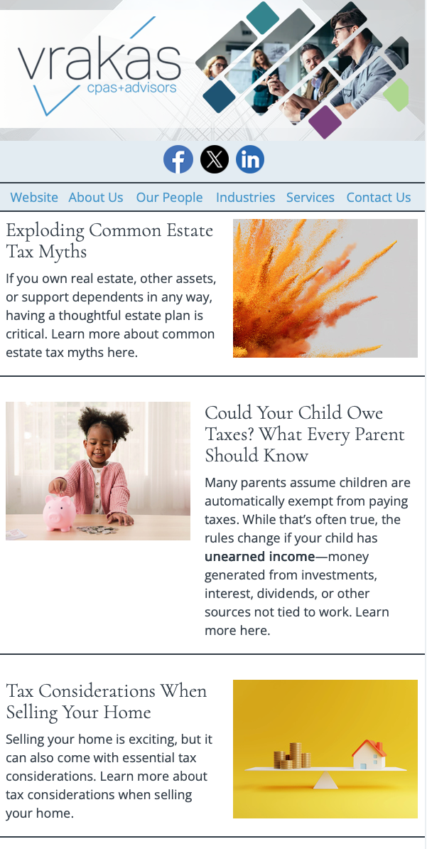 Newsletter page with various sections on tax planning and estate planning, featuring text and images.