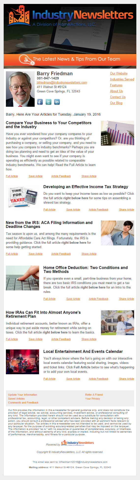 IndustryNewsletters with ProfitCents Integrated Content for CPA Firms Sample Email Newsletter
