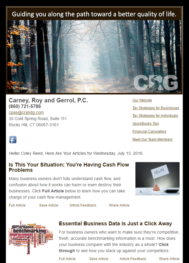 Email Newsletter Example From Our Clients At Carney, Roy and Gerrol, P.C.